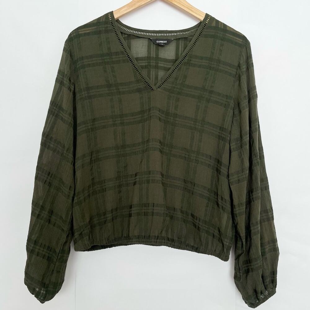 Express V-Neck Blouse Sheer Long Sleeve Relaxed Career Office Size Medium Olive